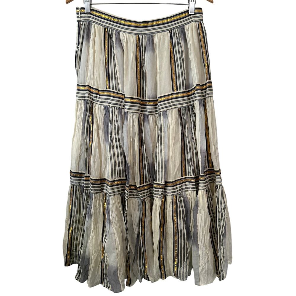 Banana Republic Zephyr Midi Shimmering Gold Tiered Boho Flowing A-Line Skirt-10 - Picture 3 of 5